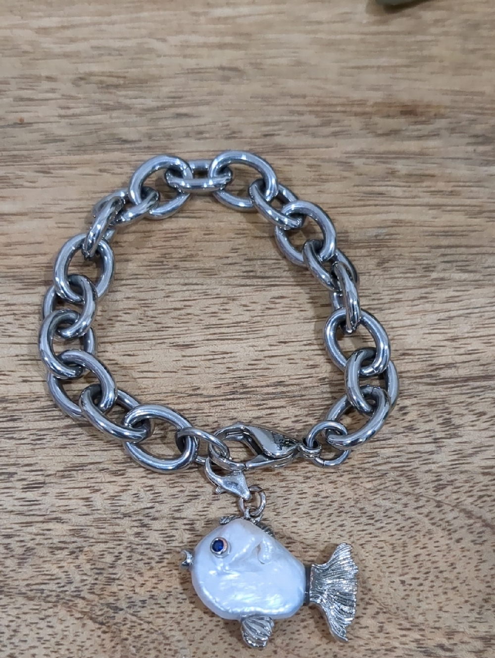 Baroque Pearl Fish Charm Bracelet - Stainless Steel Bracelet